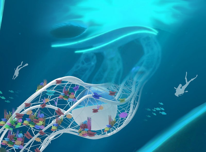 Underwater view of a mesh-enclosed habitat pod with planted coral gardens and divers nearby
