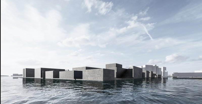 Floating Geometry: An abstract representation of a cityscape blending seamlessly with water.