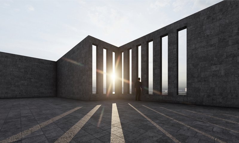 Sunlit Corridor: Rays of sunlight accentuate the spatial depth and architectural textures.