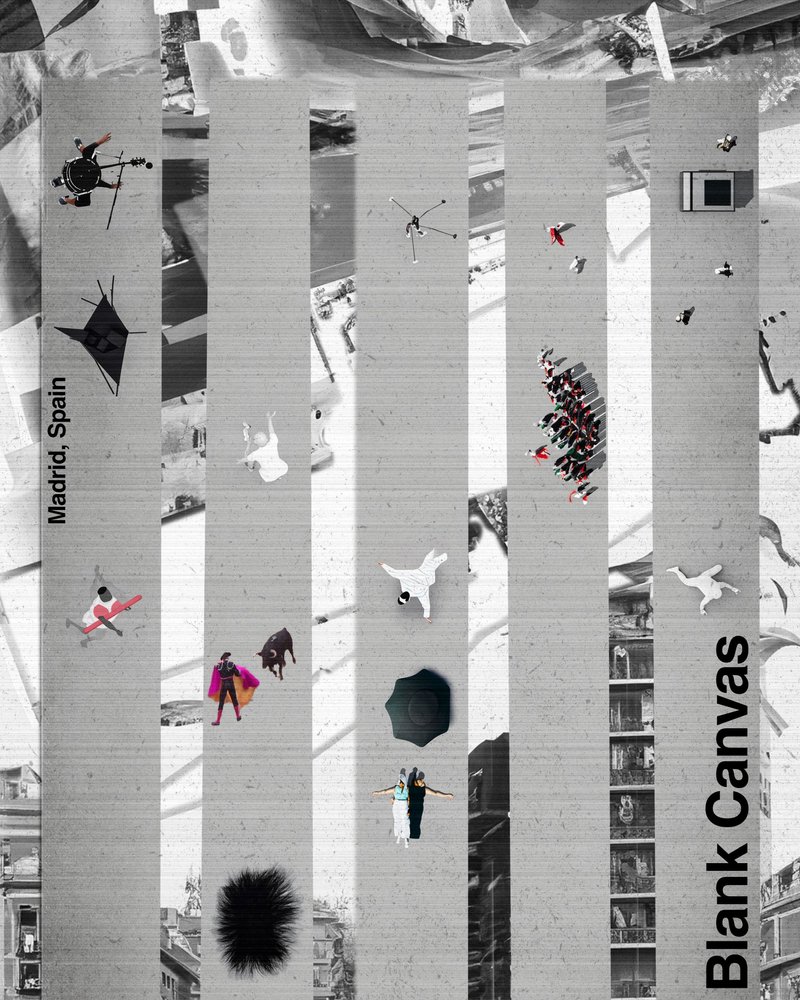 A conceptual representation of urban interaction and artistic expression on the streets of Madrid.