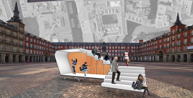 Freestanding white staircase with orange backing and people gathering in a historic plaza