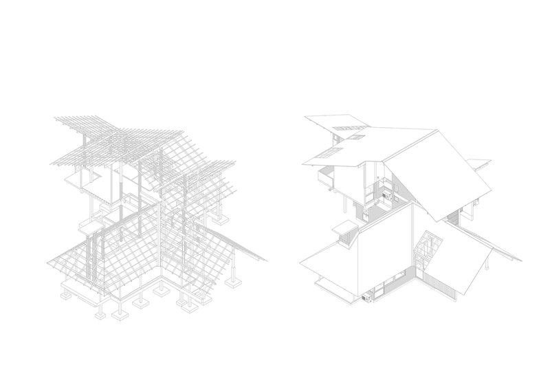 Axonometric drawings illustrating structural framework and spatial organization with angled roof planes