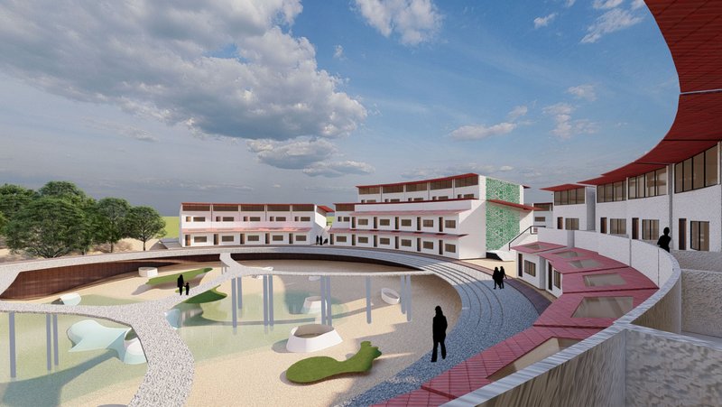 The central water-retention area surrounded by residential clusters, promoting eco-friendly flood management.