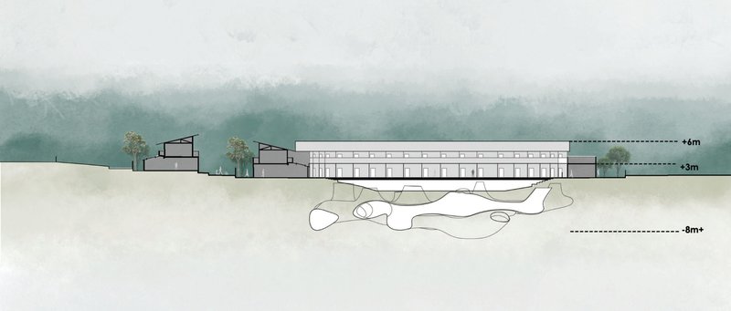 A sectional view illustrating the underground sponge system and concentric housing layers.