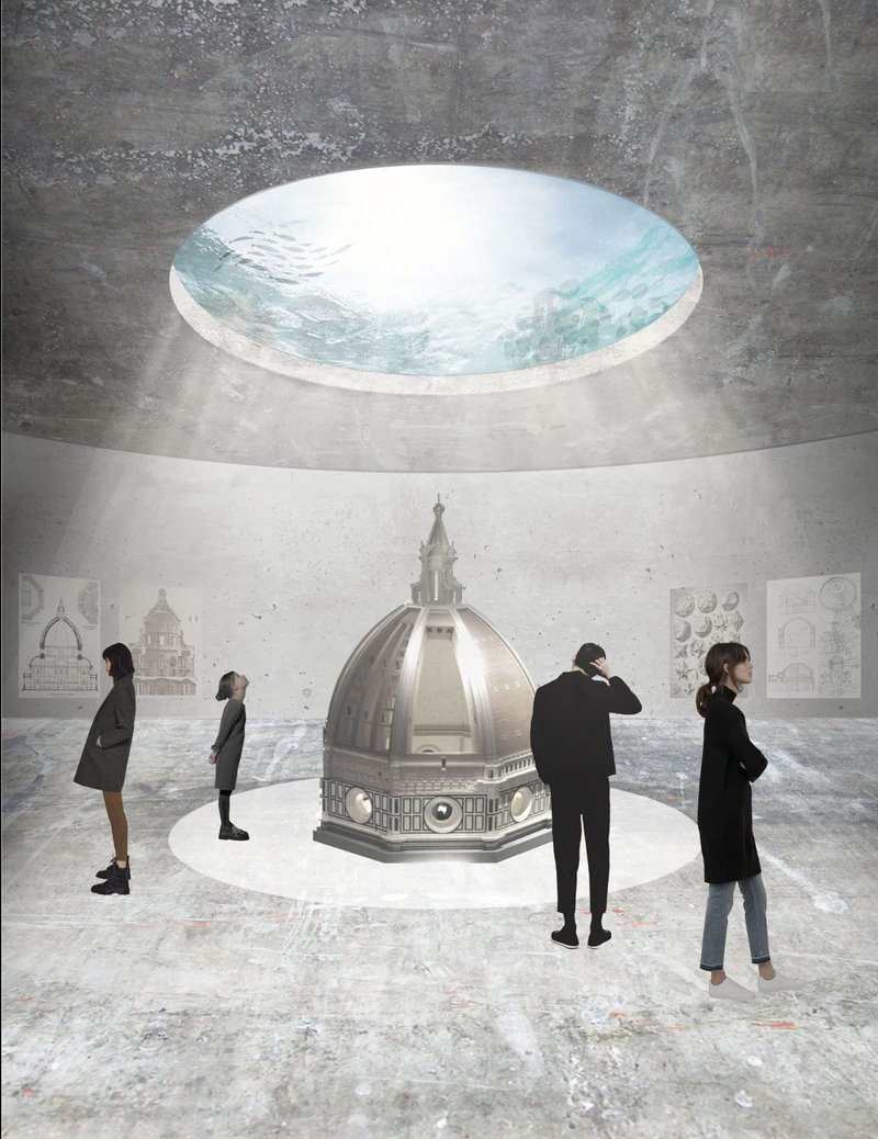 Interior gallery with natural skylight illuminating an exhibit of Florence's iconic dome.