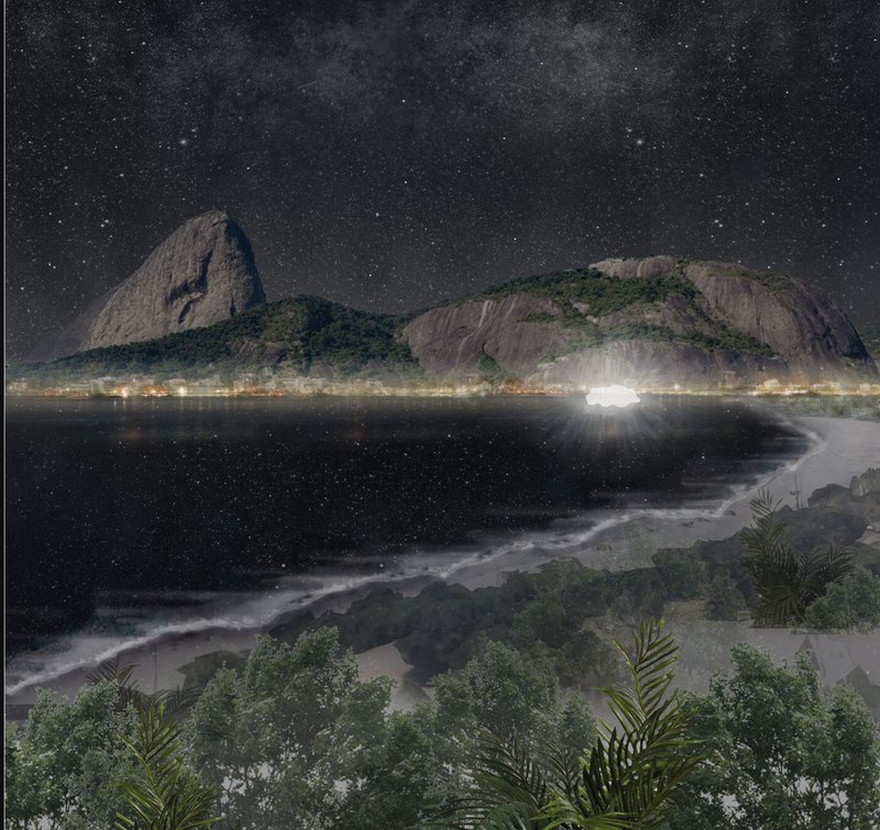 Nighttime view of Athenaeum glowing amidst nature, harmonizing with the surrounding environment.