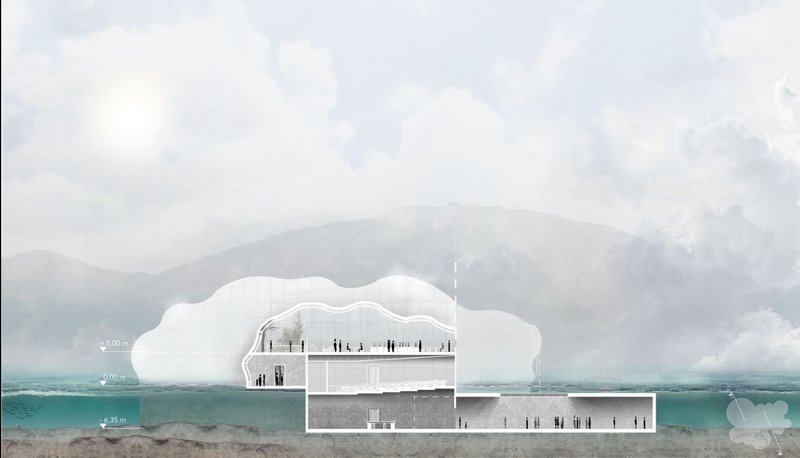 Another cross-section highlighting underwater spaces and serene architectural integration.