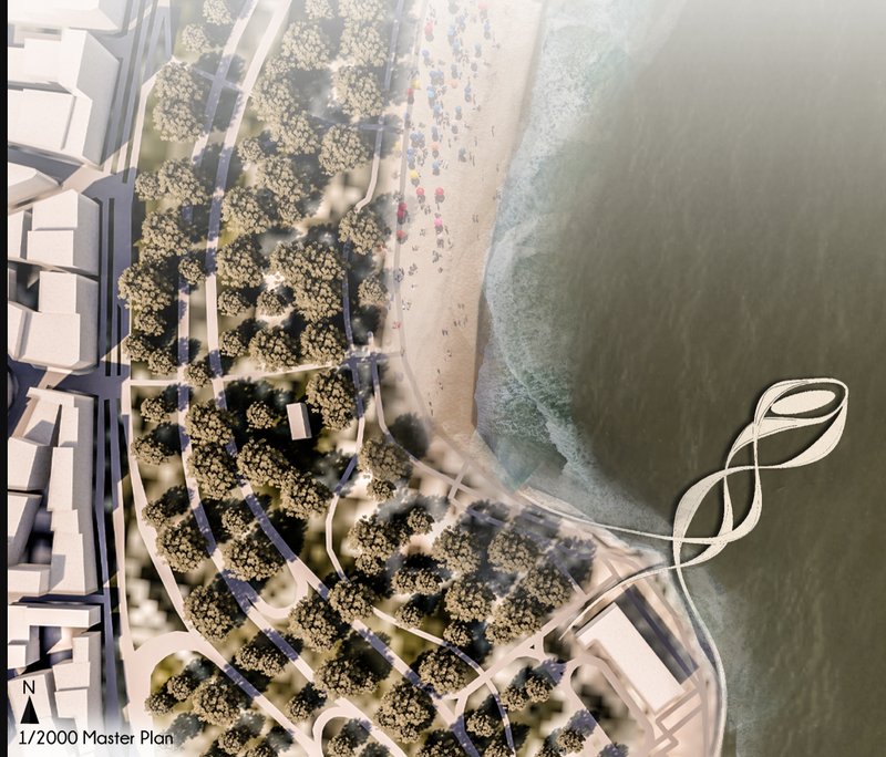 Master plan drawing showing the curving waterfront promenade, planted areas, and twisted looping structure extending into the bay