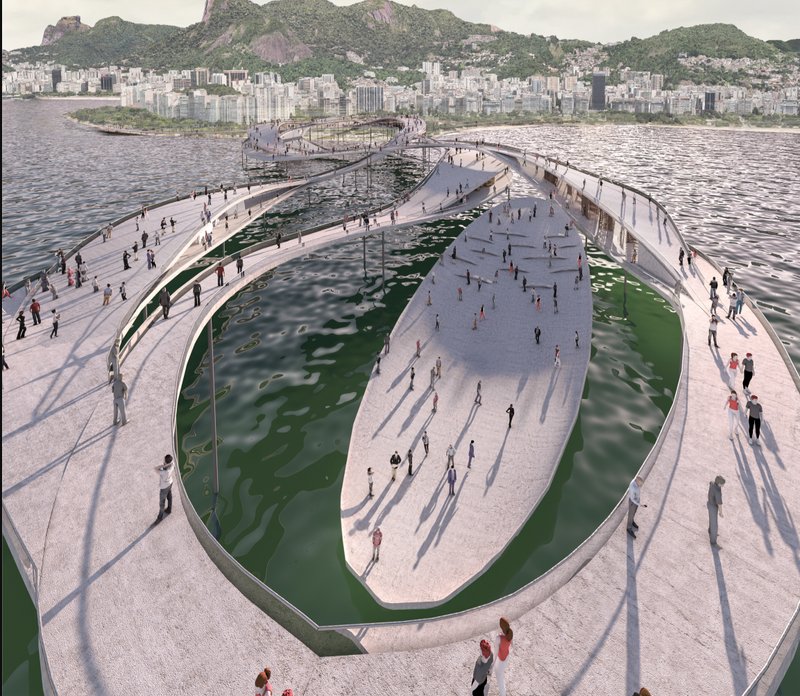 Looping pedestrian plaza with planted lagoon pools and visitors casting afternoon shadows on the concrete pavement