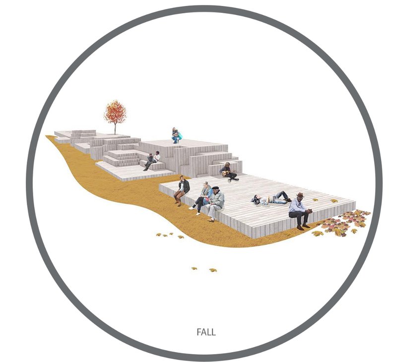 Captures the warm tones of fall, with visitors enjoying the adaptable structure amidst seasonal foliage.