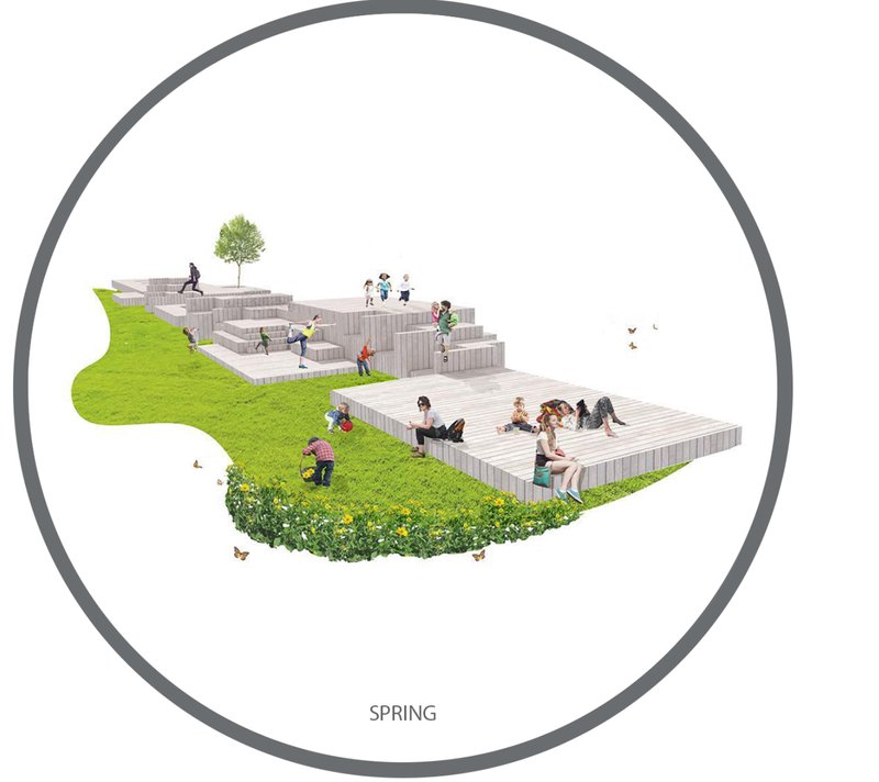 Highlights the fresh bloom of spring as the installation becomes a backdrop for relaxation and play.