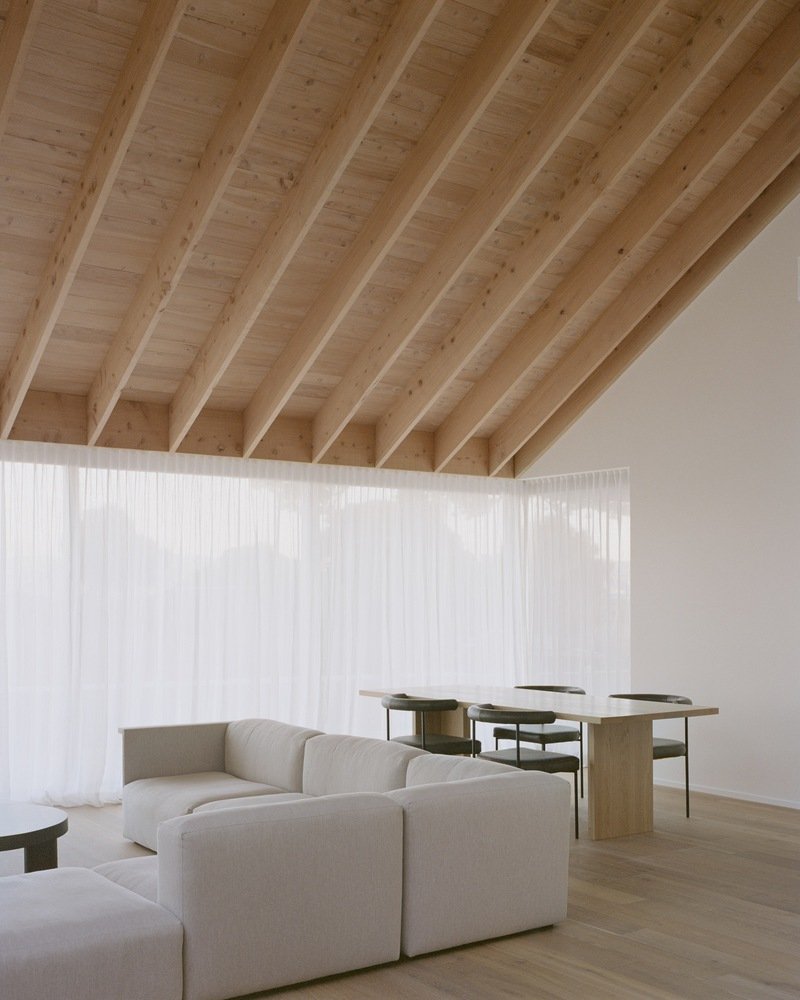 Living area with exposed timber rafters above white sheer curtains and pale timber flooring