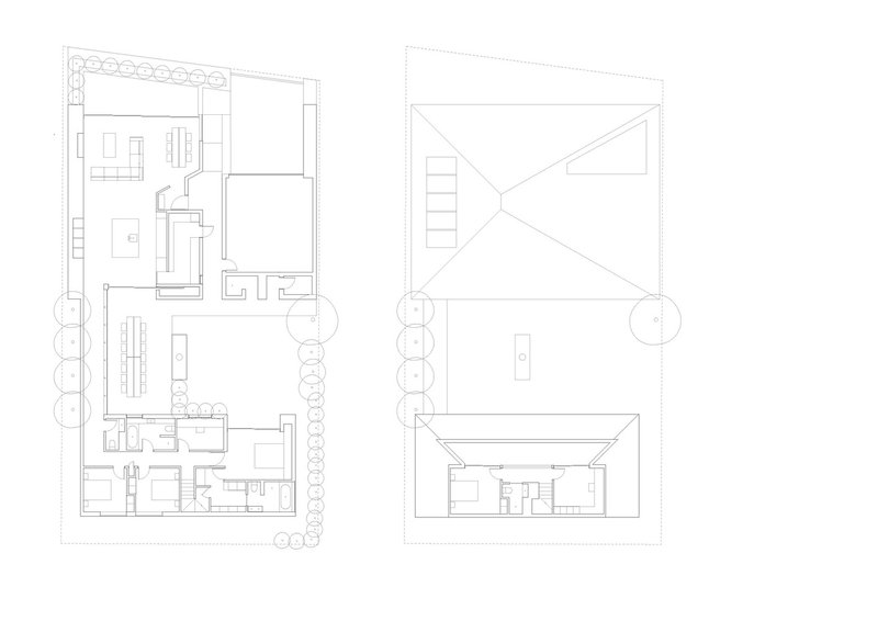 Floor plan and roof plan drawings showing two rectangular volumes with a covered passage between