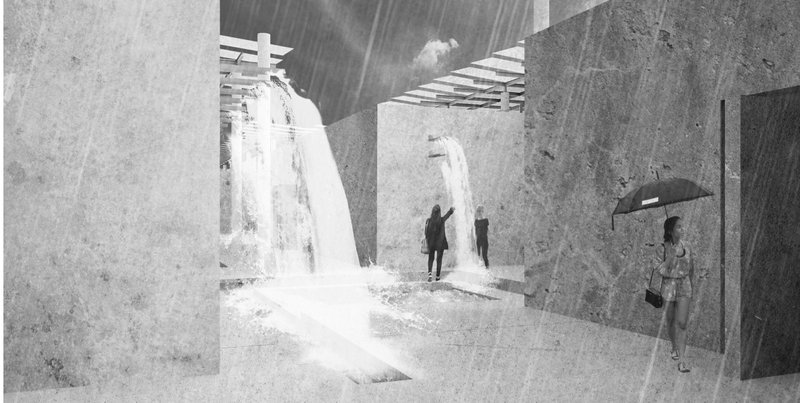 Water and Space Interaction: A visual representation of water features blending with architectural design, creating immersive experiences.