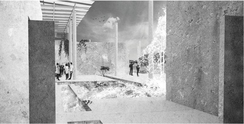 Community and Nature Engagement: A space designed for interaction, connecting people with natural elements within an architectural framework.