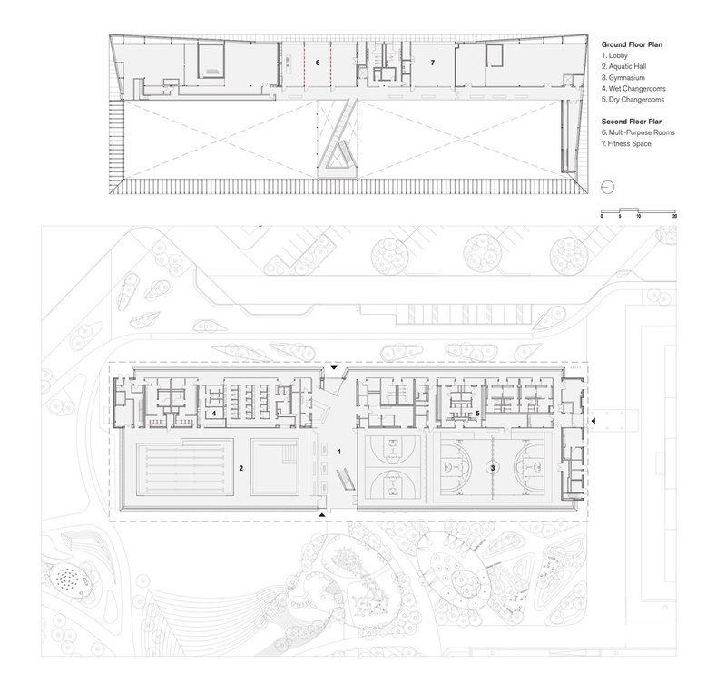 Site plan and floor plan drawings showing a linear building with pool and courts adjacent to landscaped areas