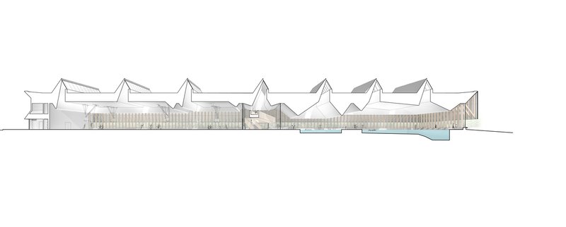 Elevation drawing showing the repeating sawtooth roof profile spanning the length of the facility