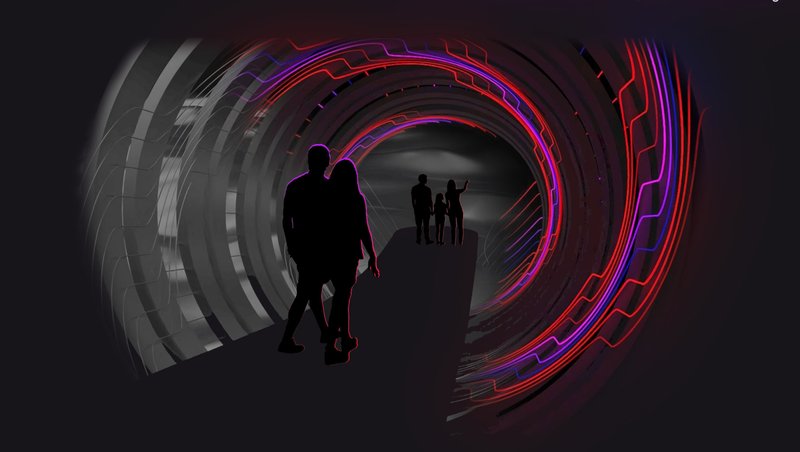 A glowing tunnel of neon strings connects communities through sound, light, and interactive play.