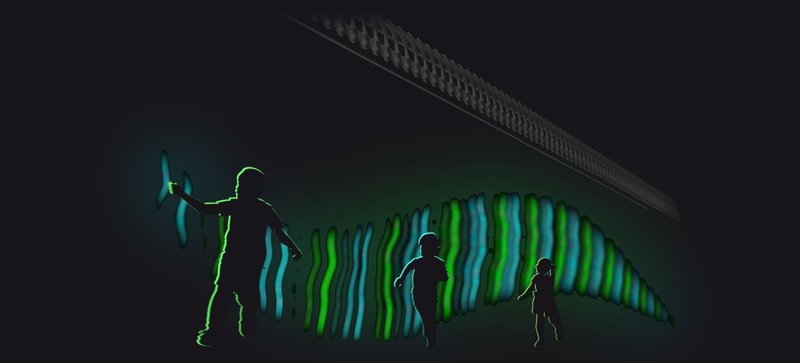 A playful space where children interact with neon strings to create music and light patterns.