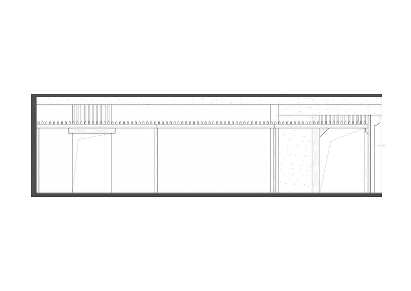 Section drawing depicting ceiling joists, vertical partitions, and textured wall surfaces