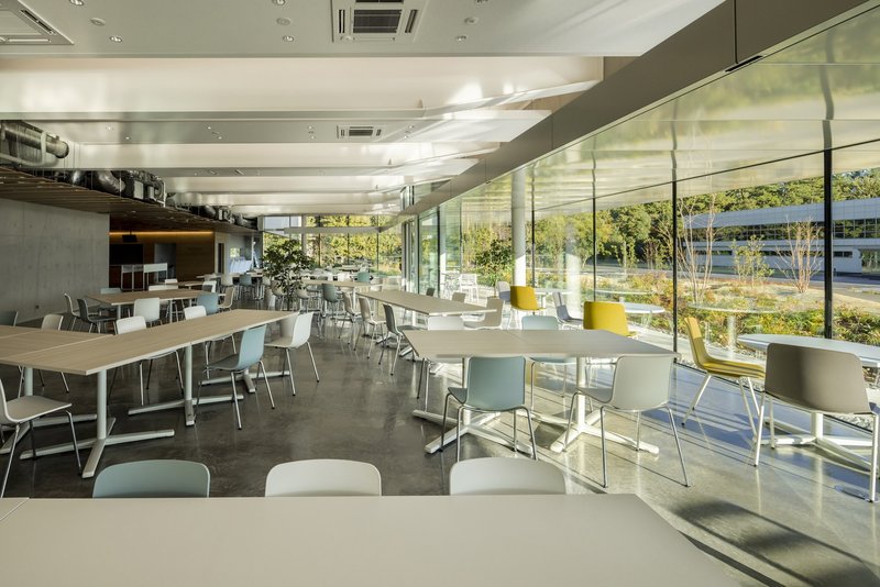 Cafeteria interior with floor-to-ceiling glazing overlooking landscape and polished concrete floors
