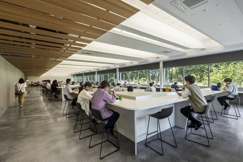 Library reading room with timber ceiling baffles and people seated at long shared tables
