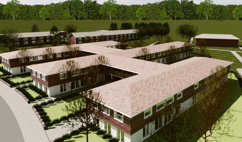 An aerial view showcasing the interconnected blocks and open courtyards of the Good Evening Life facility.