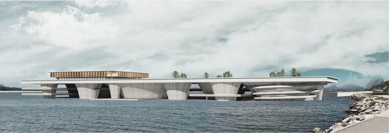 Underside Detail: A closer look at The Mesh’s base, highlighting its innovative structural elements over water.