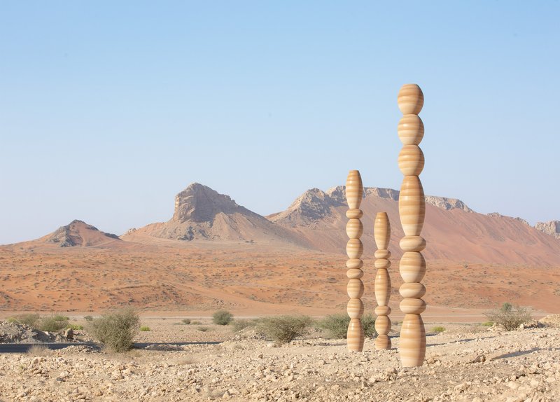 Cluster of vertically stacked timber spheres rising from the gravel terrain against distant mountains