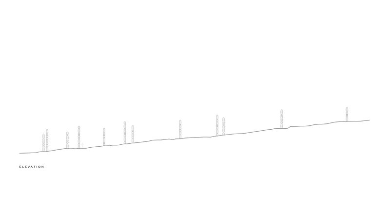 Elevation drawing showing nine vertical elements of varying heights along a sloped ground line