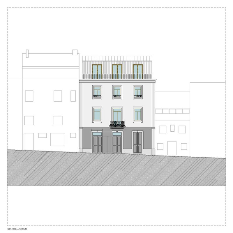 North elevation drawing showing four-storey building with recessed top floor balcony and flanking party wall structures