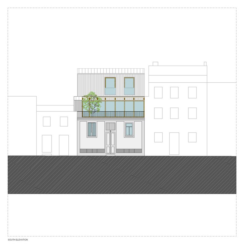 South elevation drawing showing narrow facade with central entrance, planted balcony and vertical screening at rooftop