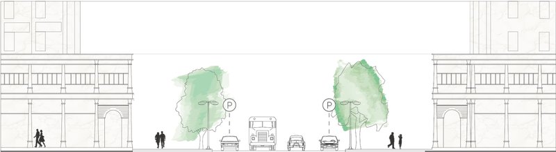 Reimagining street sections to encourage walkability and accessibility.