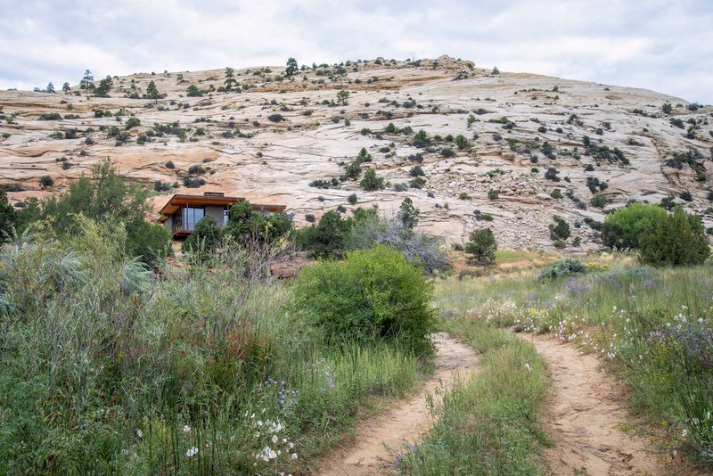 Distant view of the residence nestled among native grasses and shrubs beneath a massive sandstone outcrop