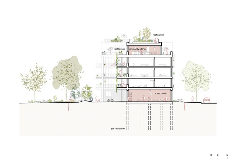 Section drawing showing multi-story residential building with rooftop gardens and pile foundation beneath