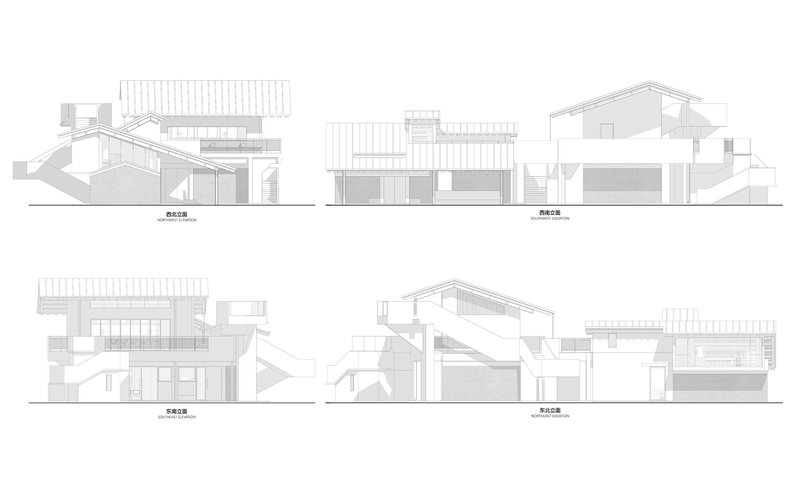 Four elevation drawings showing the various facades with pitched roofs and external stair towers