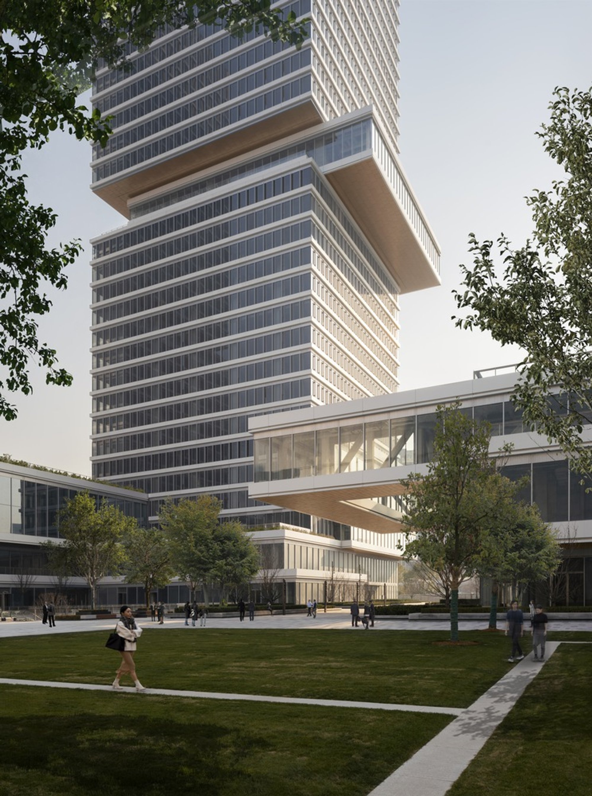 KPF Floats Cantilevered Sky Galleries Between Three Towers on a Revived Shanghai Riverfront