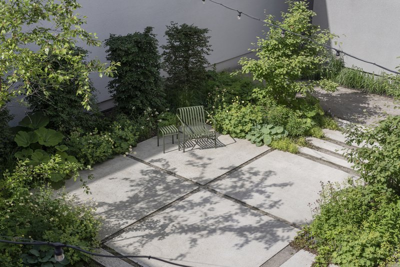 Aerial view of a concrete courtyard divided into quadrants with a slatted bench surrounded by dense foliage