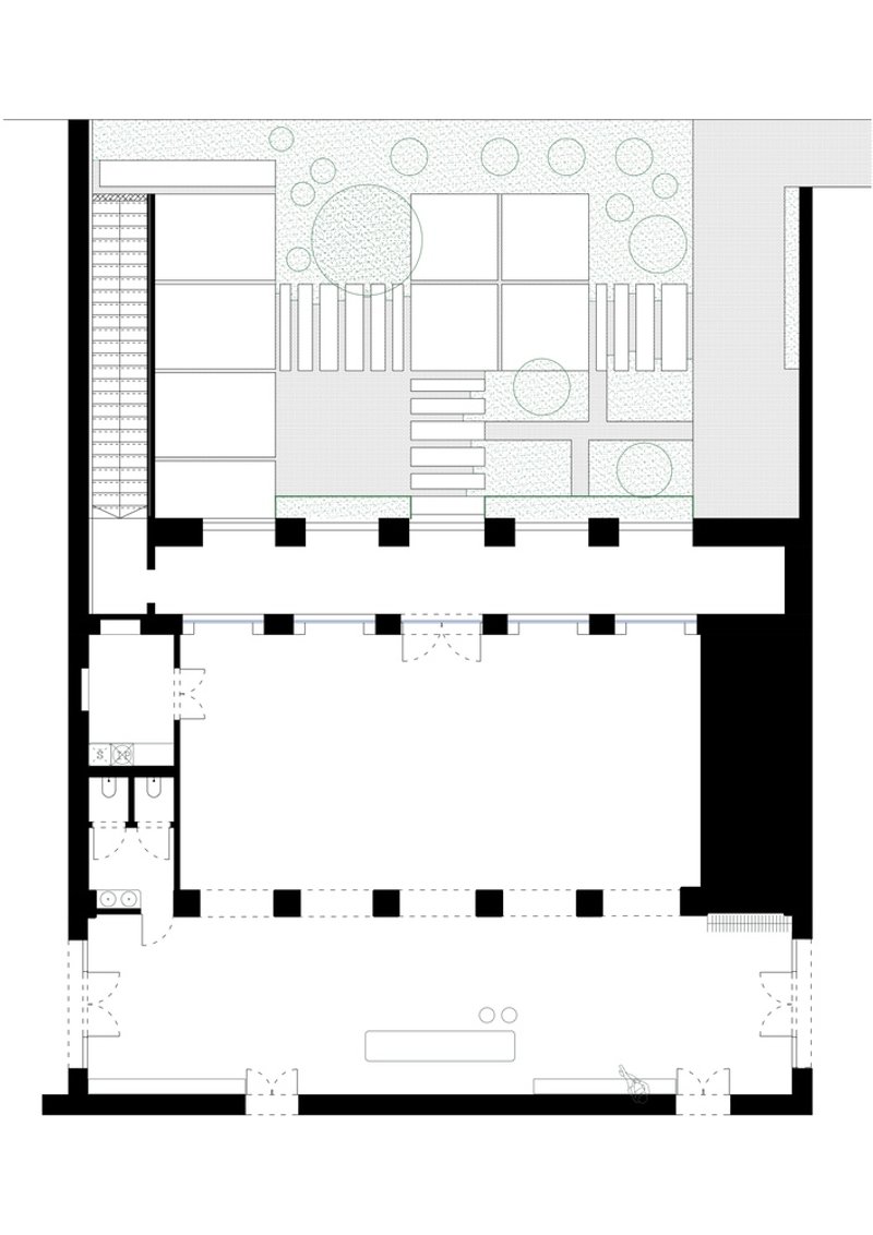 Floor plan drawing showing a courtyard with circular plantings above a colonnade and entrance hall below