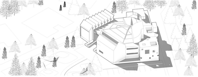 A 3D architectural rendering of the School of ONE, showcasing its unique adaptive design in a serene environment.