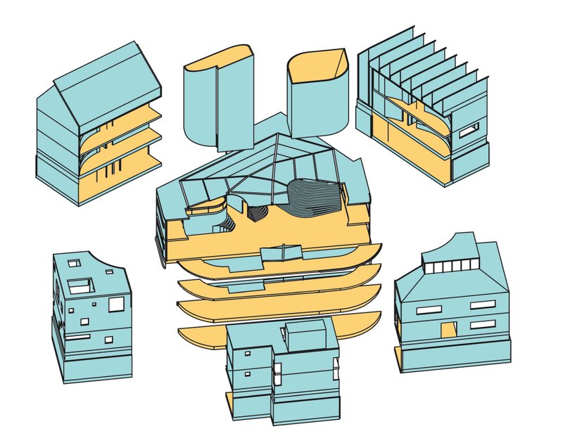 Exploded View: A breakdown of the building’s architectural components, illustrating its innovative structural design.