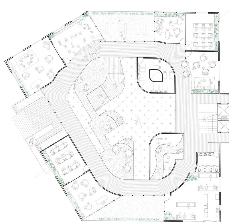 A detailed architectural floor plan of the first level, highlighting interconnected and versatile spaces.