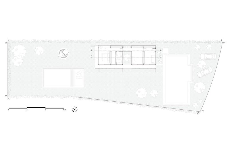 Site plan drawing showing a linear building footprint on a tapered lot with pool