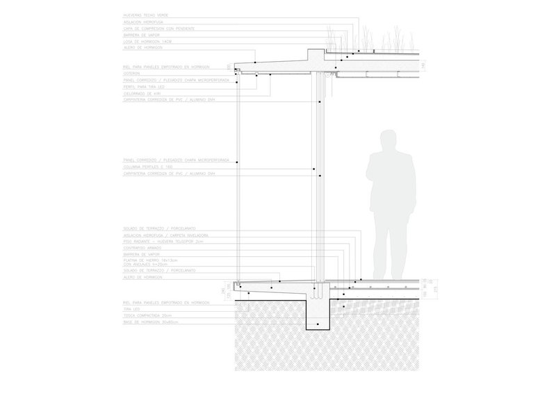 Construction detail section showing the foundation, floor slab, wall assembly and roofing with a figure for scale