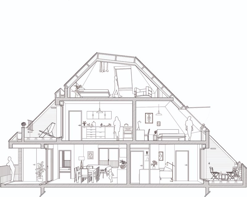 Section drawing showing multi-level interior spaces with pitched roof and figures inhabiting each floor