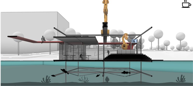 Floating Architecture: Modular structures seamlessly integrated with water.