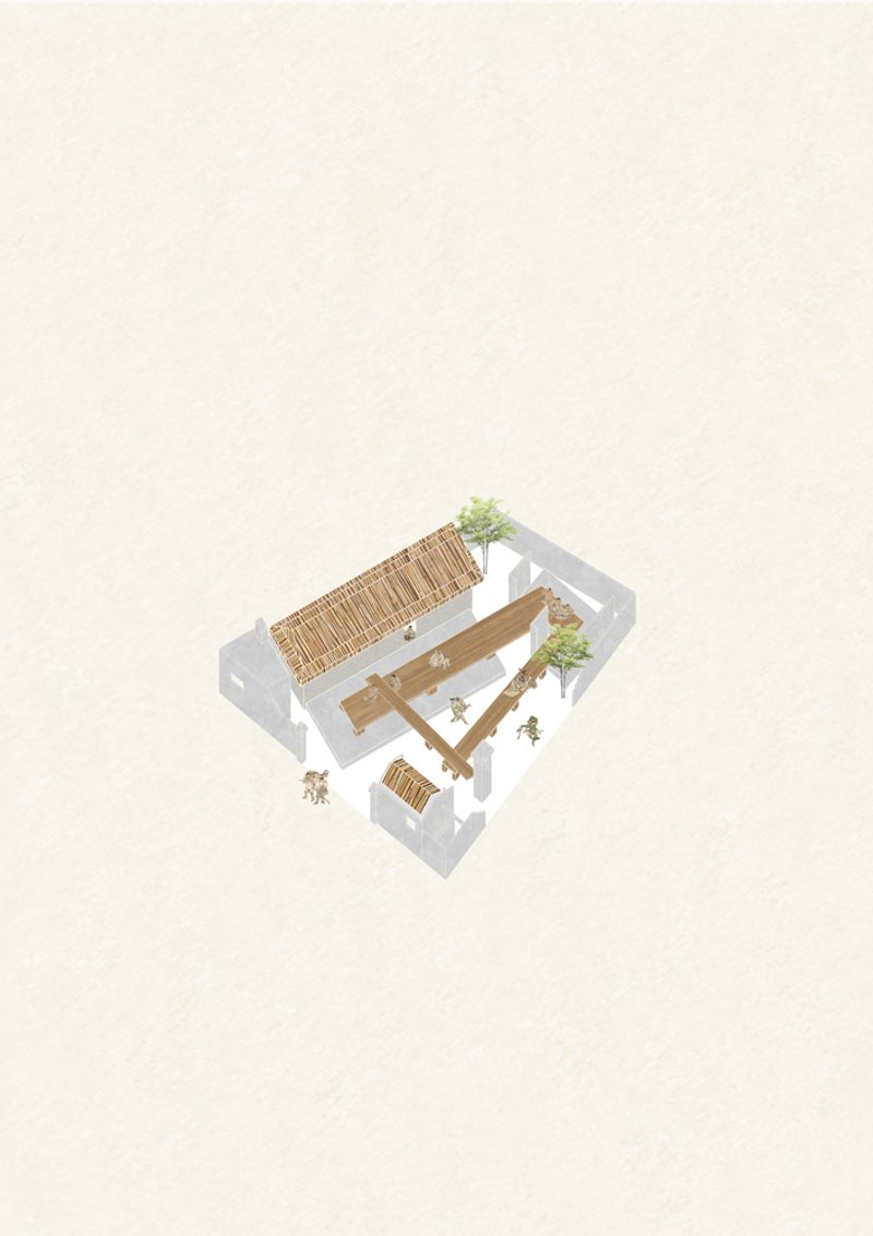 Axonometric drawing showing a courtyard building with timber roof structure and interior plantings