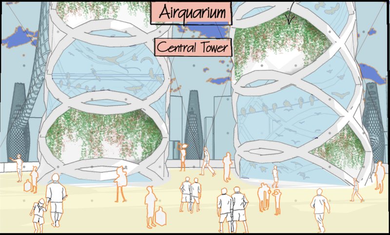 A self-sustaining air purification structure that supports green life while filtering urban pollutants.