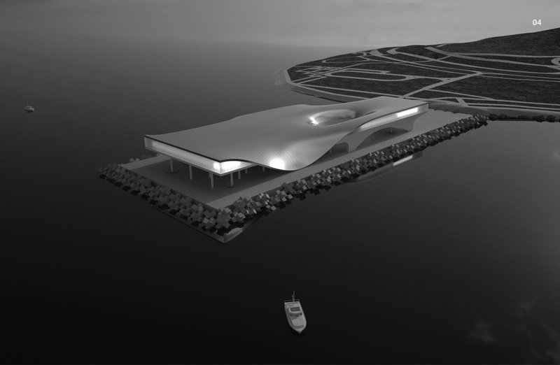 Aerial view showcasing the seamless integration of the White Piano into its natural surroundings.