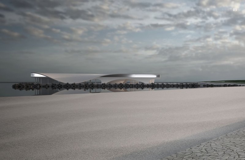 A serene waterfront view of the White Piano's iconic wave-like structure.